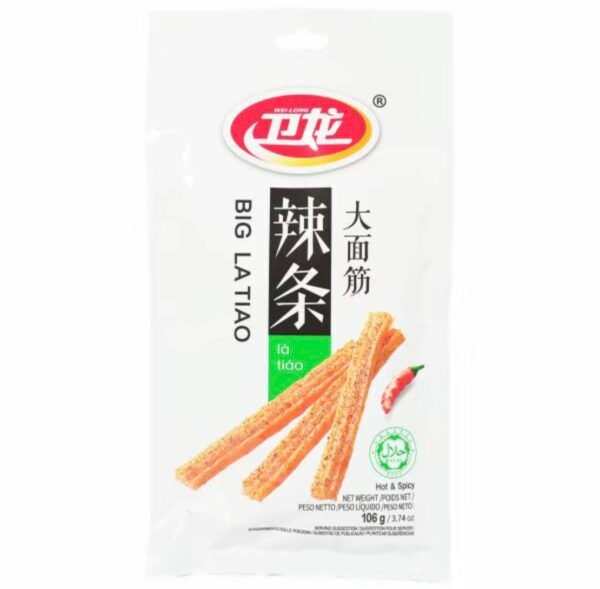 big latiao snack di frumento piccante 106g hot&spicy, caldo e piccante, street food tradizionale cinese bastoncini croccanti al peperoncino