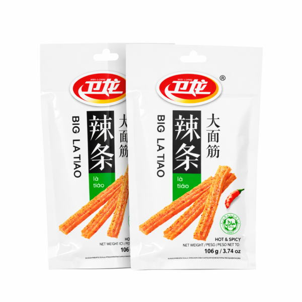 big latiao snack di frumento piccante 106g hot&spicy, caldo e piccante, street food tradizionale cinese bastoncini croccanti al peperoncino